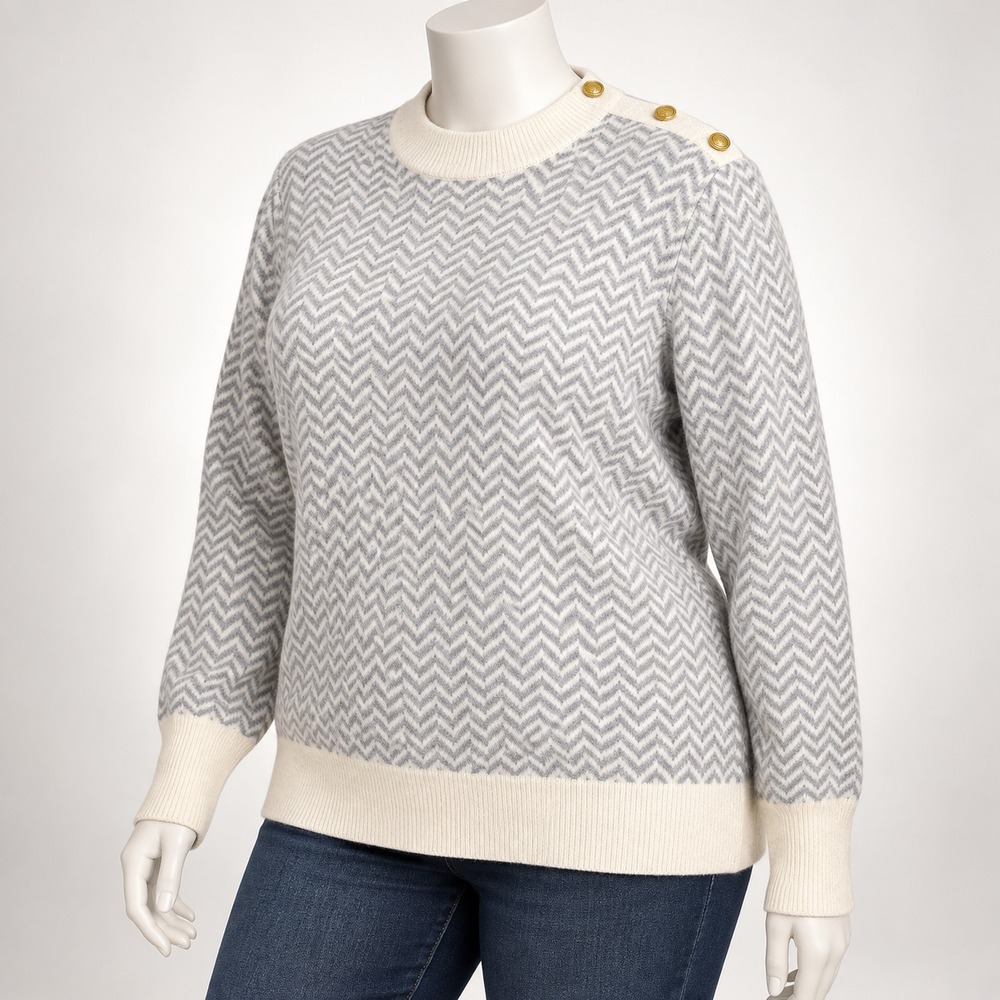 J Crew Alpaca Blend Women's Sweater Herringbone Pattern Ivory Gray Size XXL